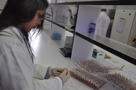 Bolsista manipula amostras no laboratório de virologia