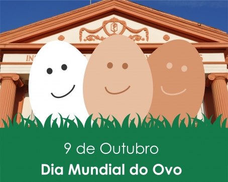 Desenho de três ovos sorridentes em frente à fachada do IPVDF